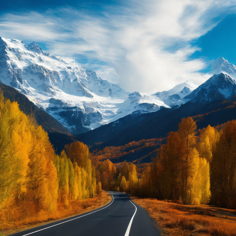 Scenic Road with Autumn Trees and Snow-Capped Mountains