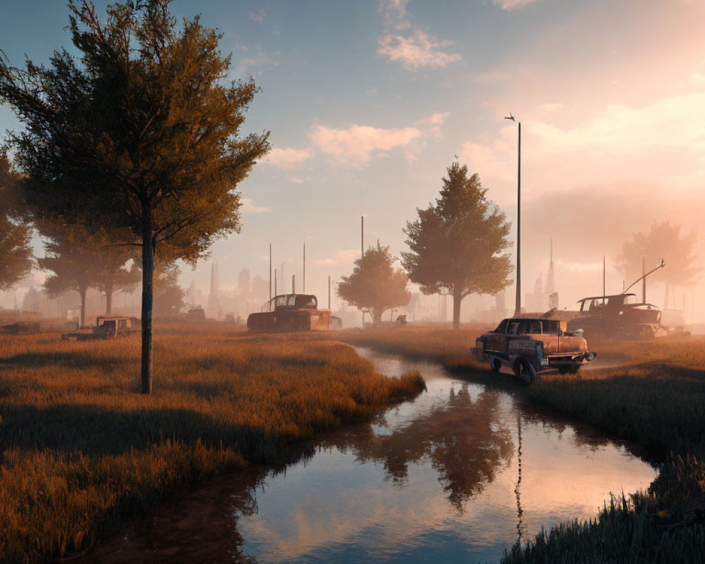 Sunrise landscape with trees, abandoned cars, water stream, and city skyline in foggy background