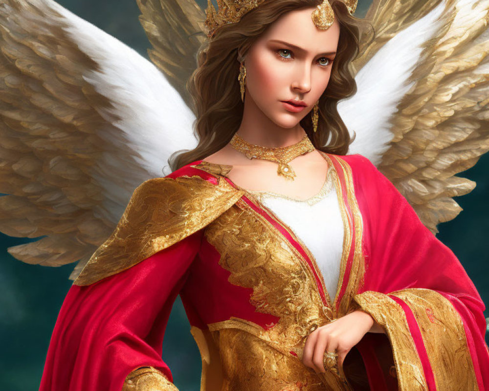 Regal figure with angel wings in gold crown and robes on dark background