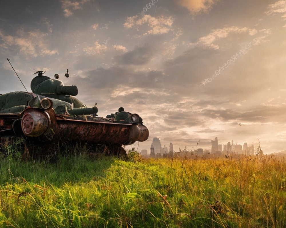 Abandoned tank in overgrown grass at sunset near city skyscrapers