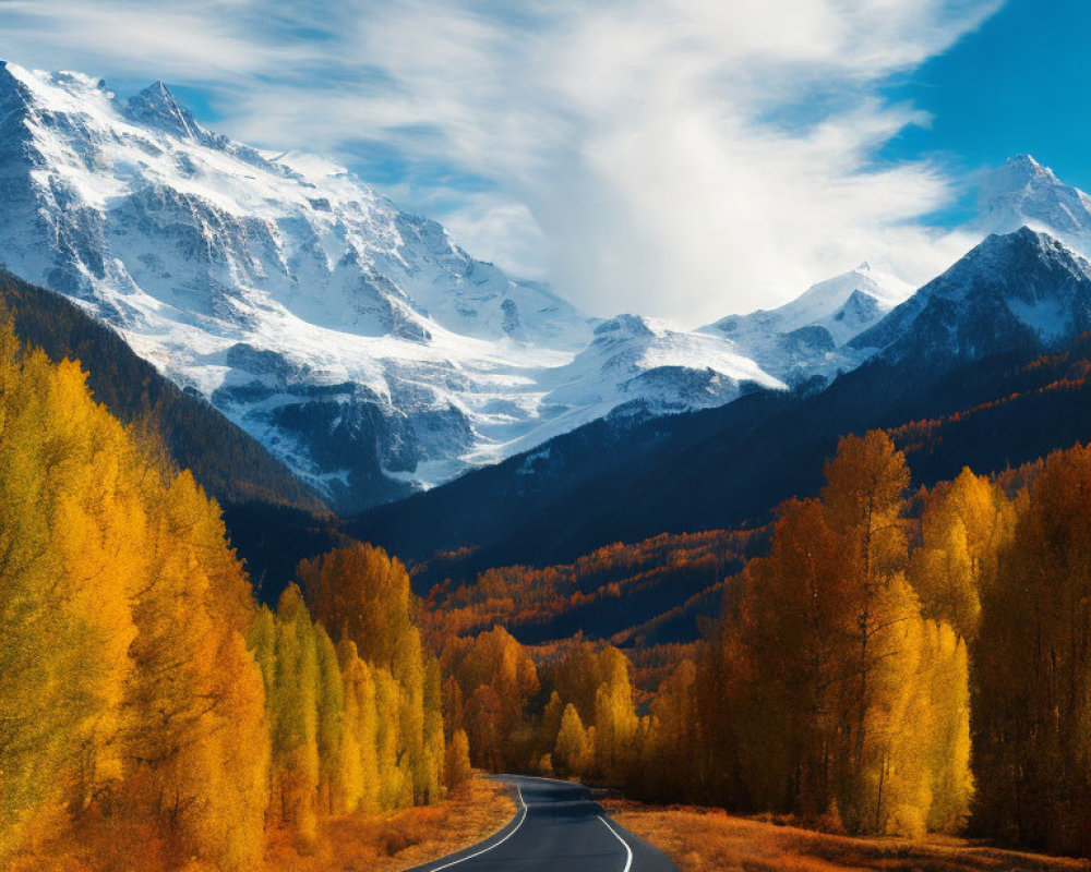 Scenic Road with Autumn Trees and Snow-Capped Mountains