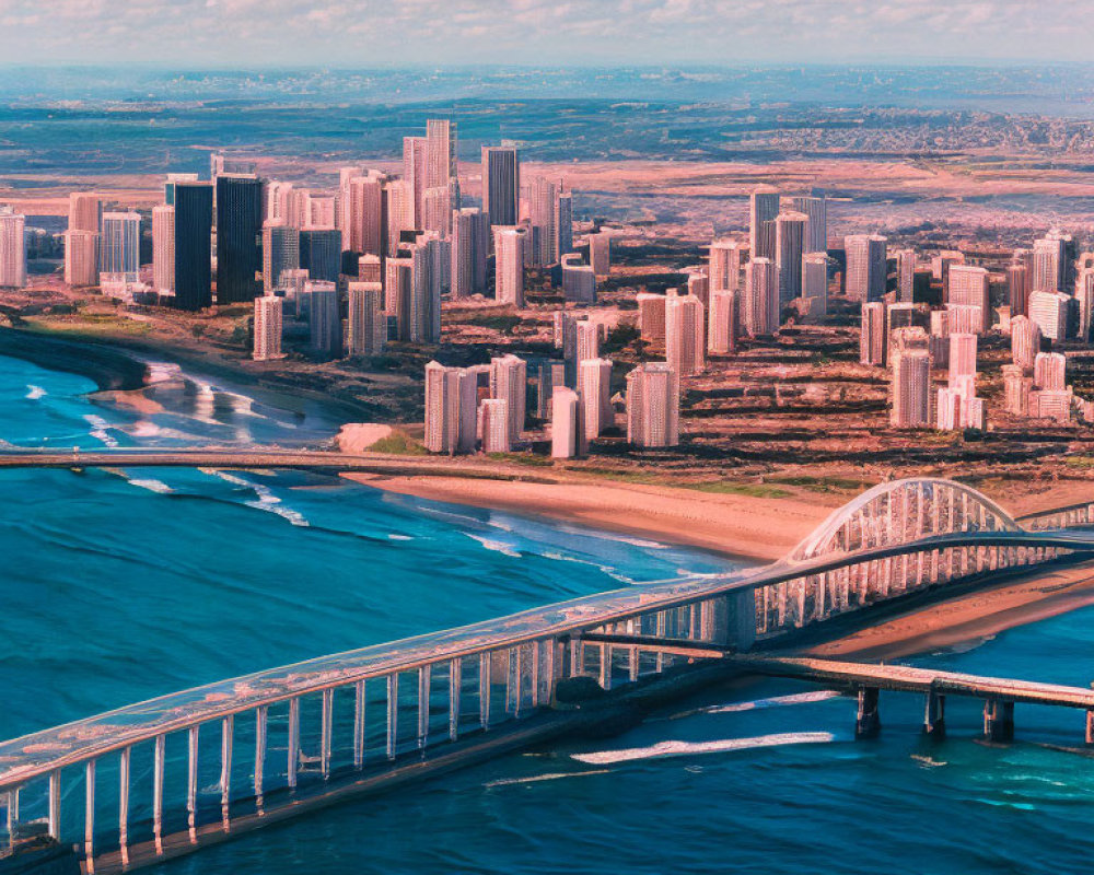 Coastal City Aerial View: Skyscrapers, Bridges, Beaches, Blue Waters