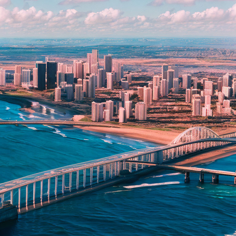 Coastal City Aerial View: Skyscrapers, Bridges, Beaches, Blue Waters