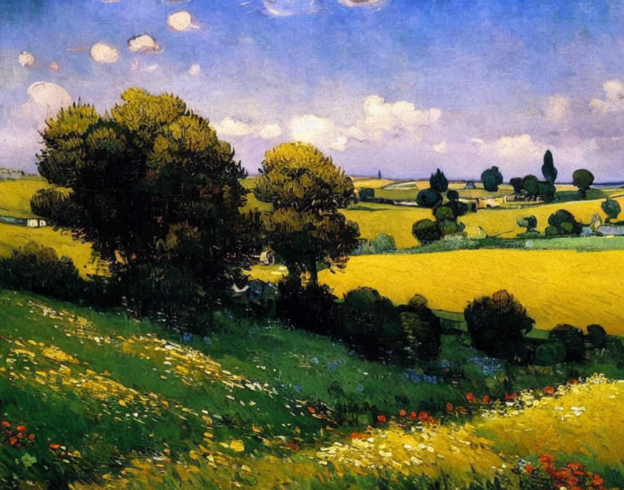 Vibrant countryside landscape with yellow fields and green trees