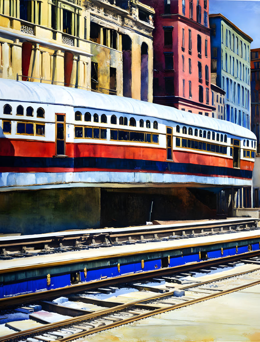 Colorful Multistory Building and Vintage Tram on Elevated Tracks