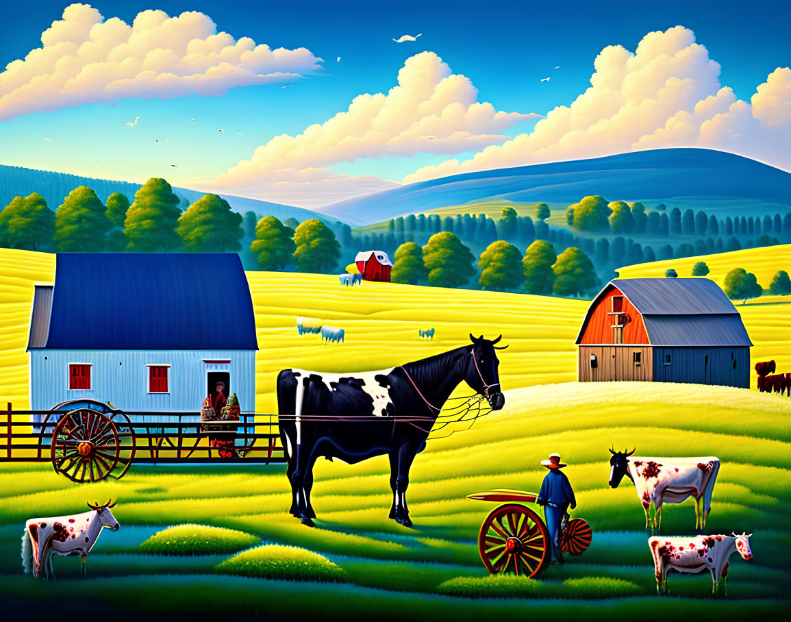 Detailed pastoral scene with black horse, cows, barns, green hills, blue sky