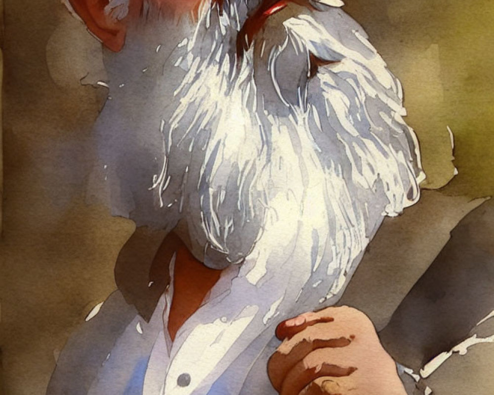 Elderly man with long white beard in pensive watercolor style