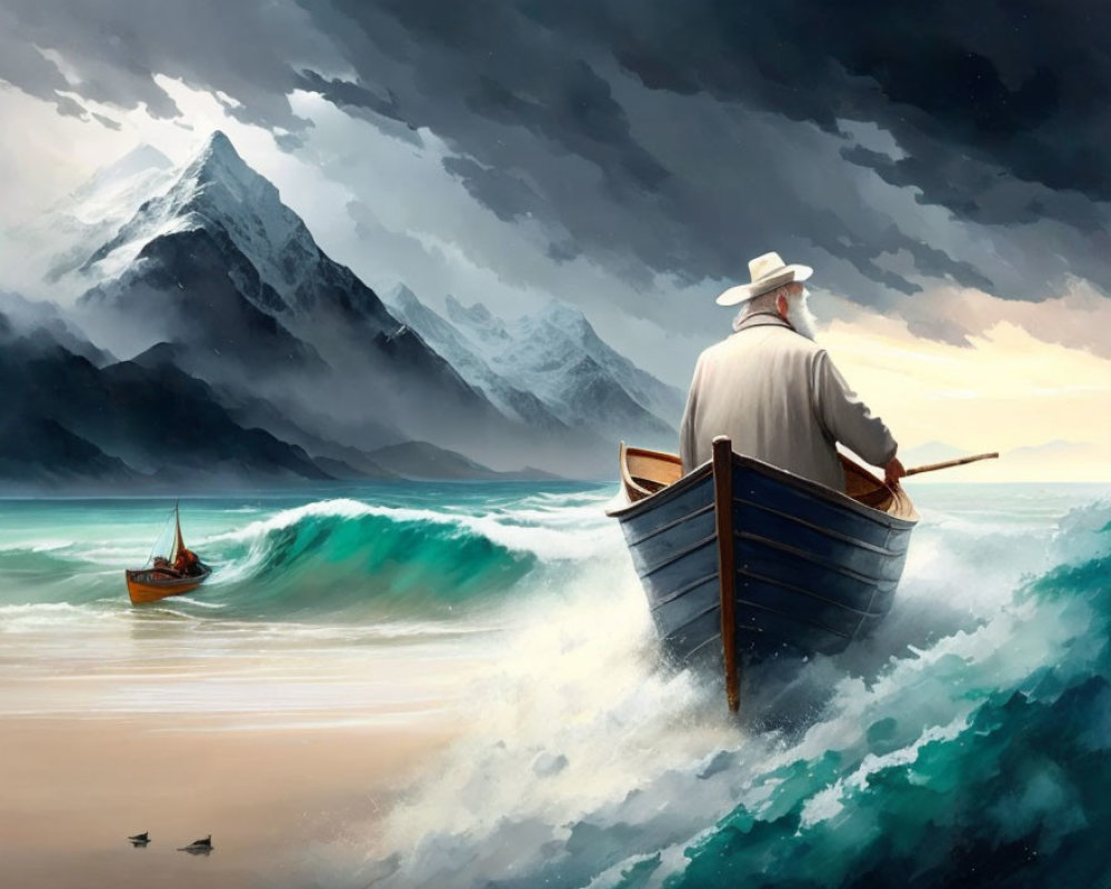 Man in hat rows boat on turbulent seas with mountains in background