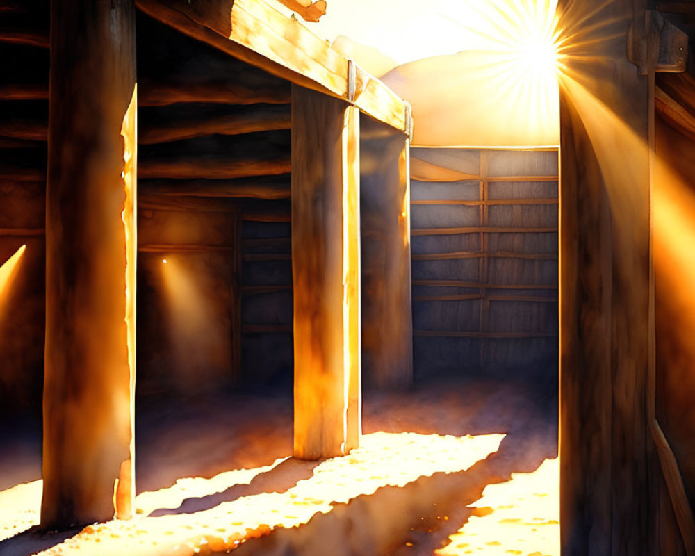 Rustic wooden barn with sunlight streaming in and long shadows