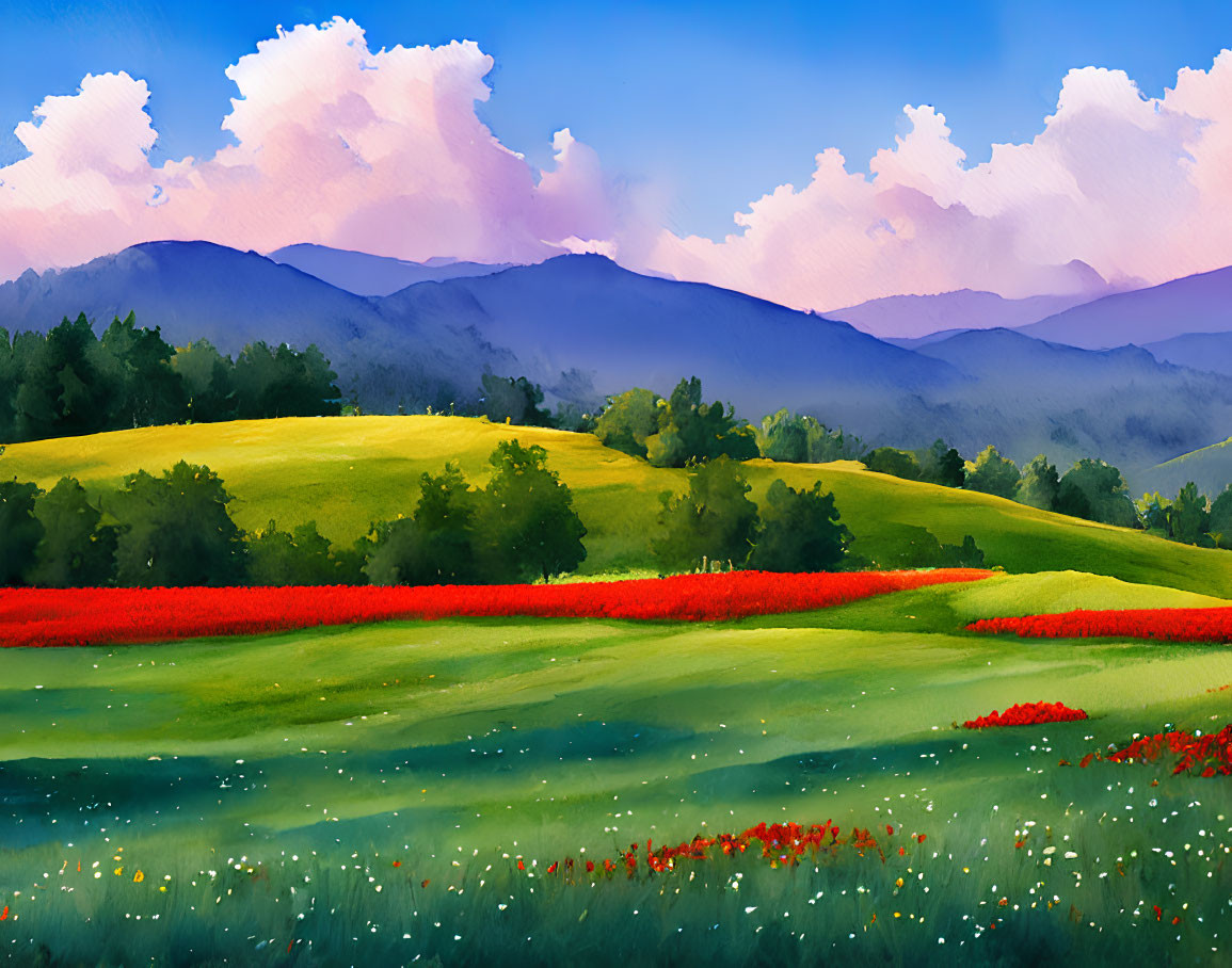 Colorful landscape painting: green hills, red flowers, blue mountains, pink clouds