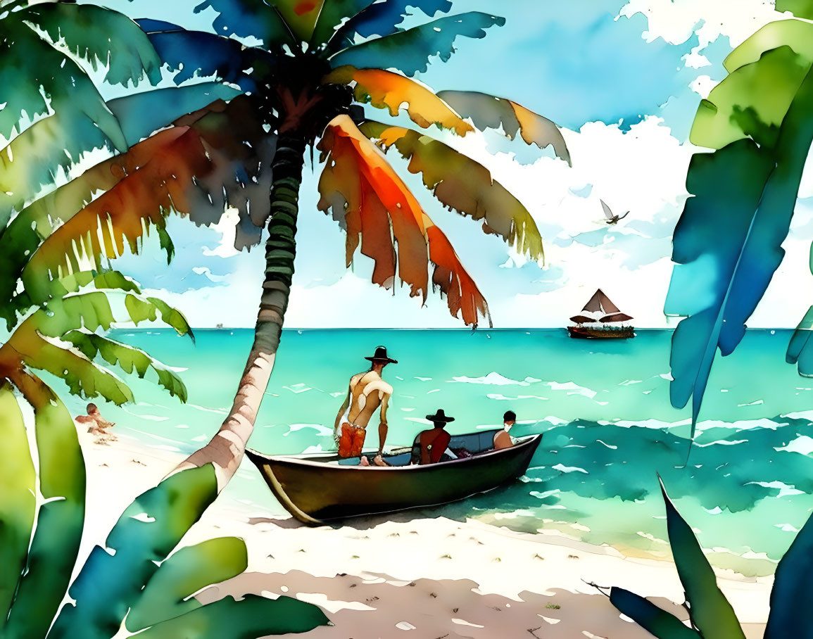 Colorful watercolor beach scene with boat, palm trees, blue sky, and distant sailboat