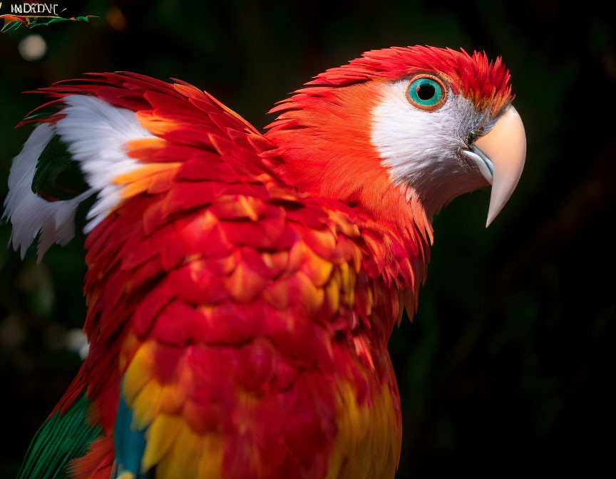 Vivid red macaw with green eyes and colorful feathers on dark background