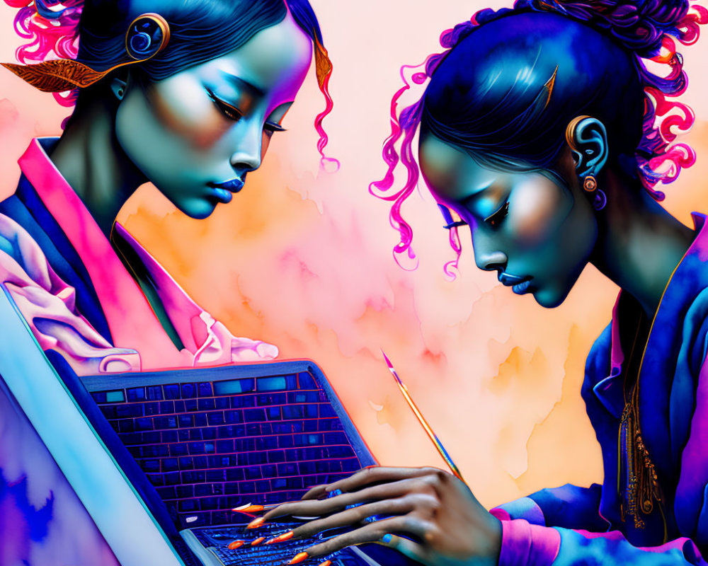 Stylized digital art of two women with blue and purple skin working on laptop