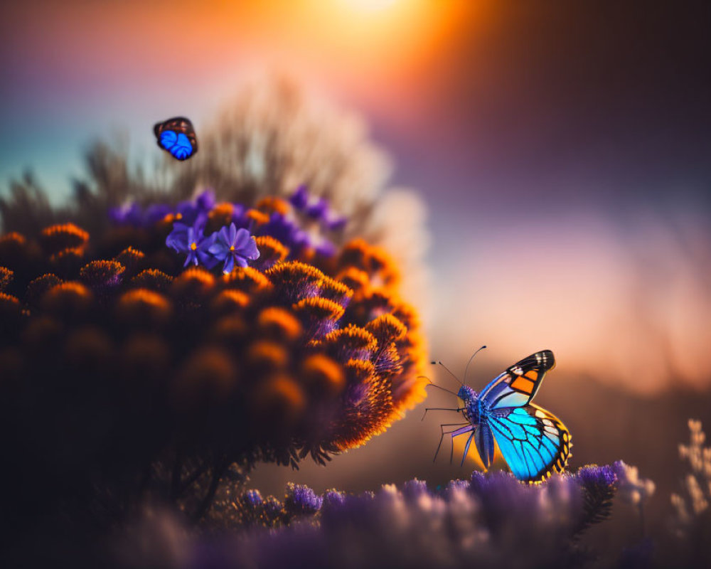 Colorful butterflies on purple flowers with warm sunset background