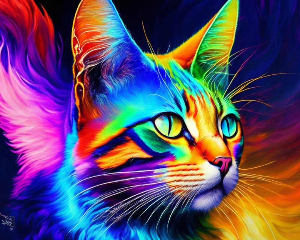 Colorful Digital Artwork: Cat with Vibrant Rainbow Fur