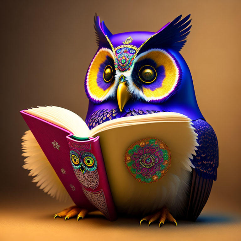 Colorful Stylized Owl Reading Book Against Warm Background