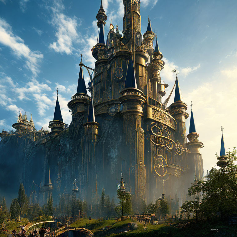 Majestic castle on cliff in golden sunlight with lush greenery