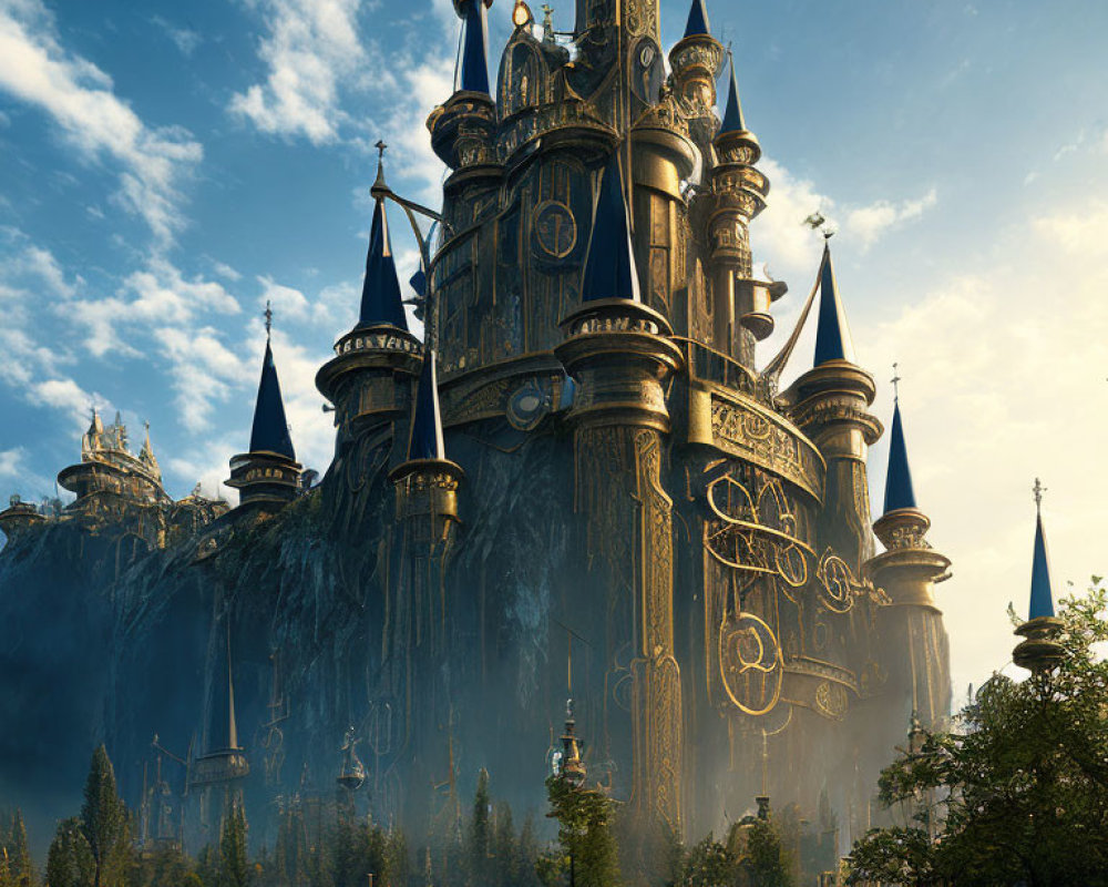 Majestic castle on cliff in golden sunlight with lush greenery