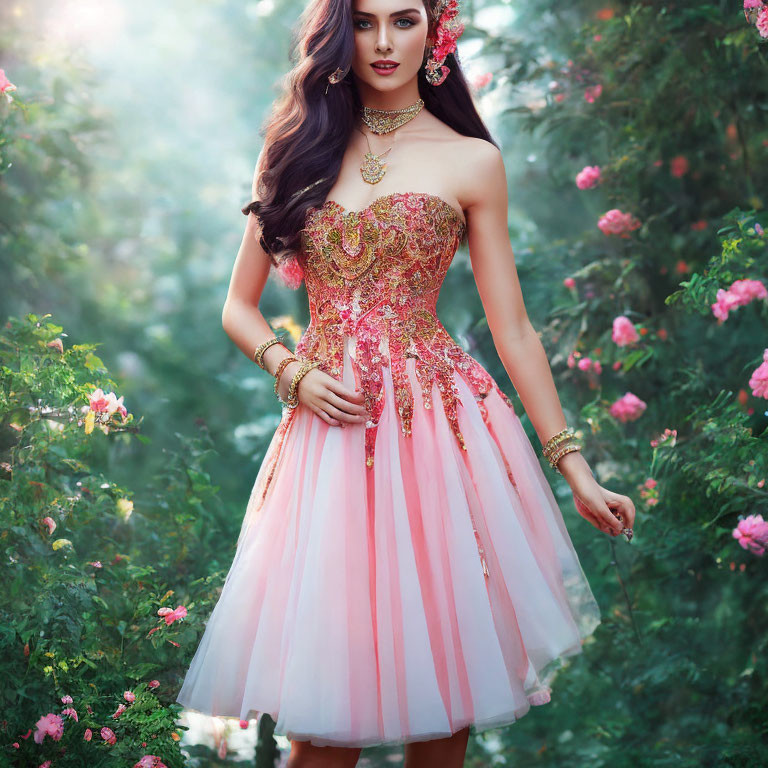 Woman in Pink Corset Dress Surrounded by Greenery and Pink Flowers