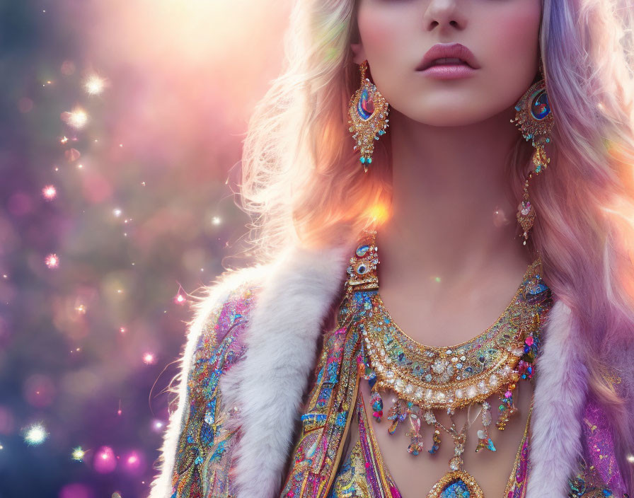 Intricate golden jewelry and luxurious fur garment on woman in bokeh light.