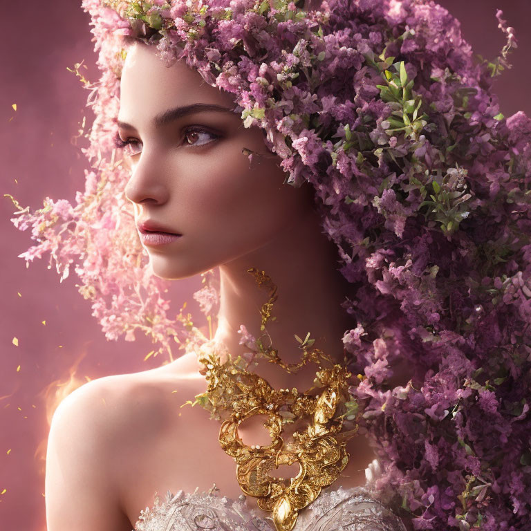 Woman with Floral Crown and Golden Jewelry Surrounded by Pink Blossoms