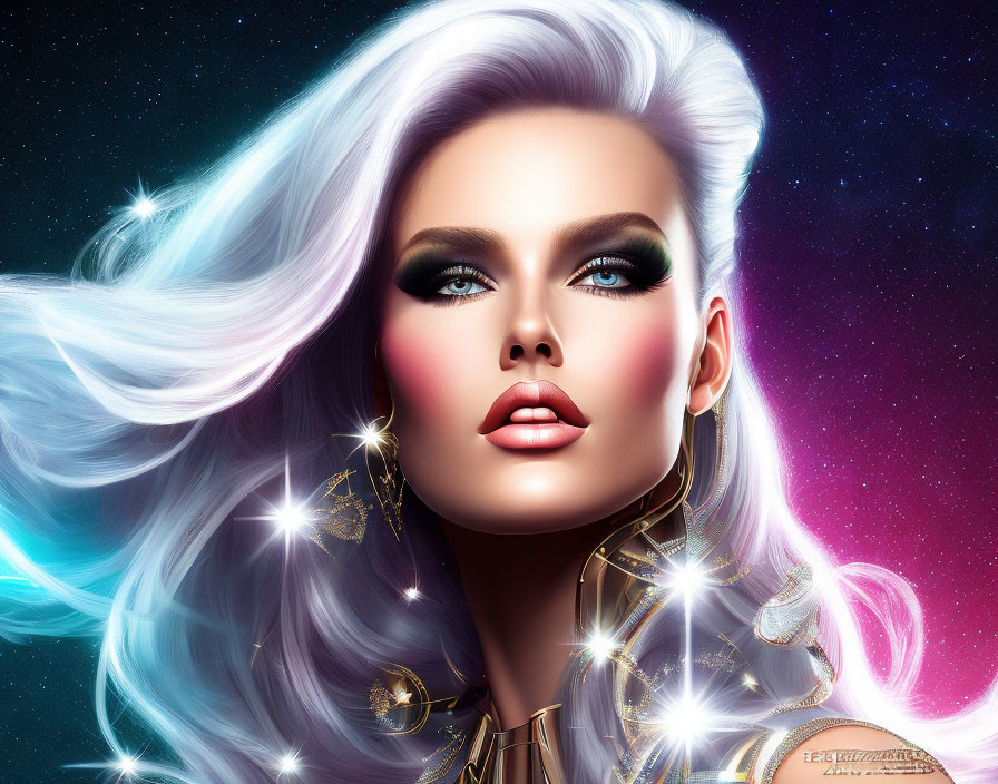 Digital art portrait of woman with light blue hair and dramatic makeup against starry background