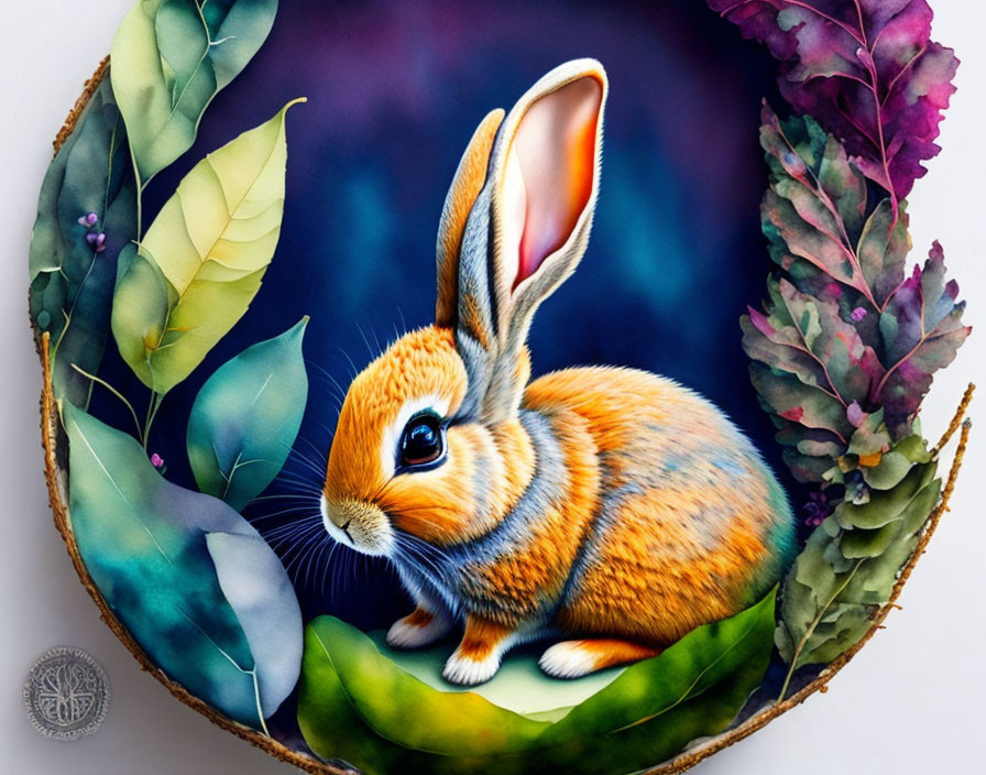 Vibrant rabbit illustration in circular frame with colorful leaves