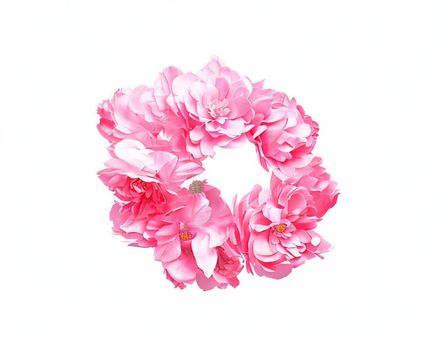 Pink artificial flower wreath on white background