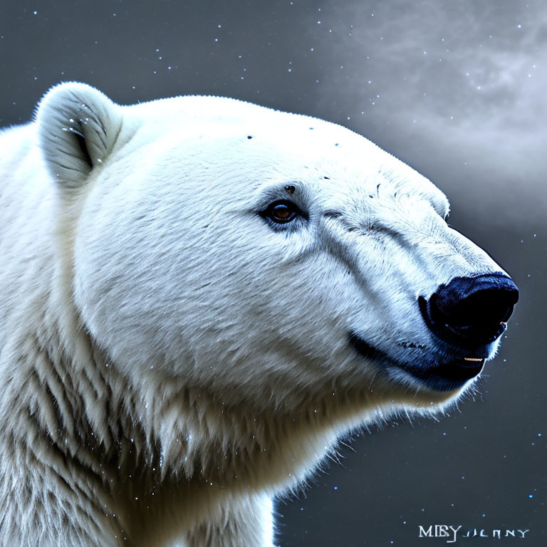 Detailed Polar Bear Fur Texture and Expressive Eyes Against Starry Night Sky