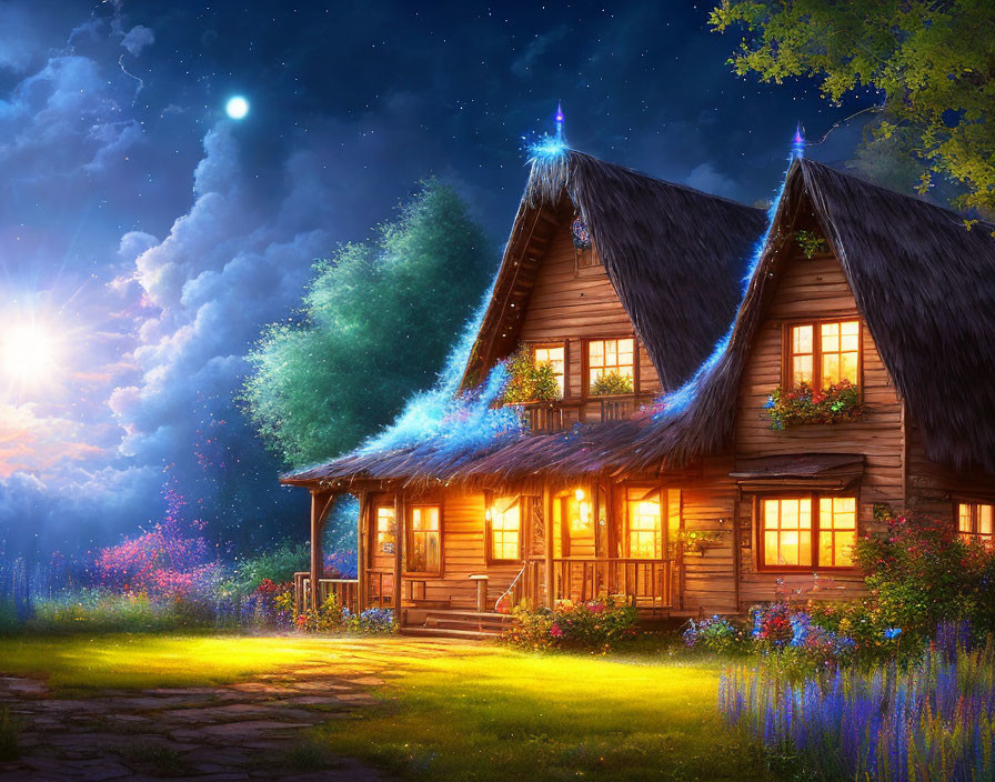 Rustic wooden cottage with glowing windows under starry night sky