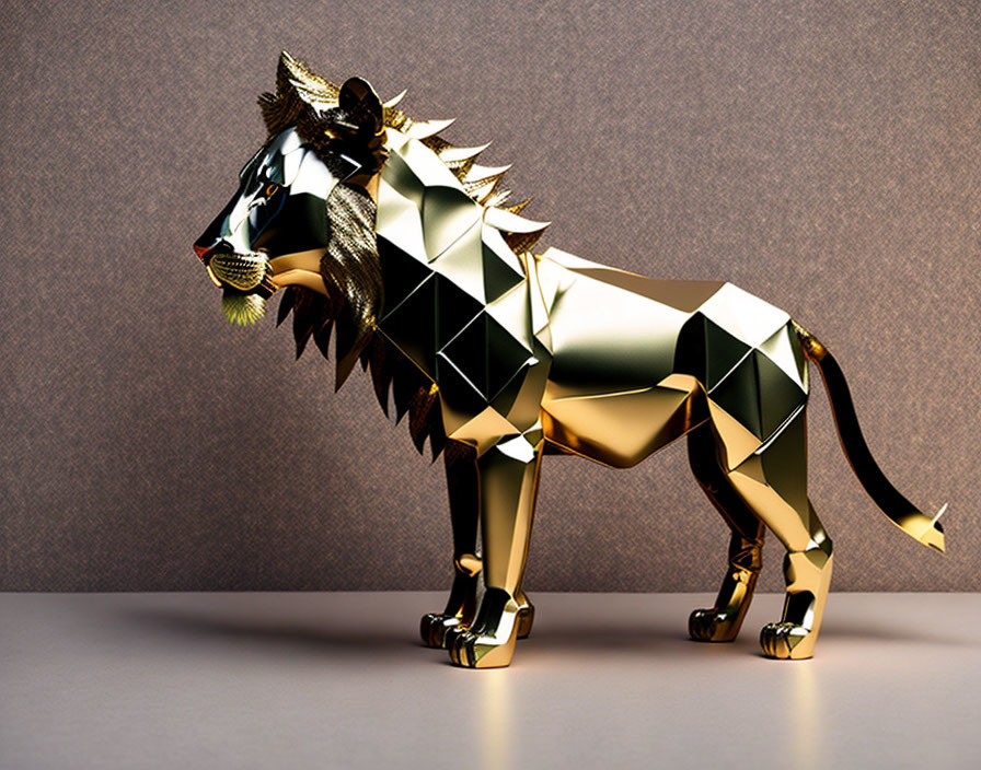 Geometric Lion Sculpture with Golden and Black Facets on Beige Background