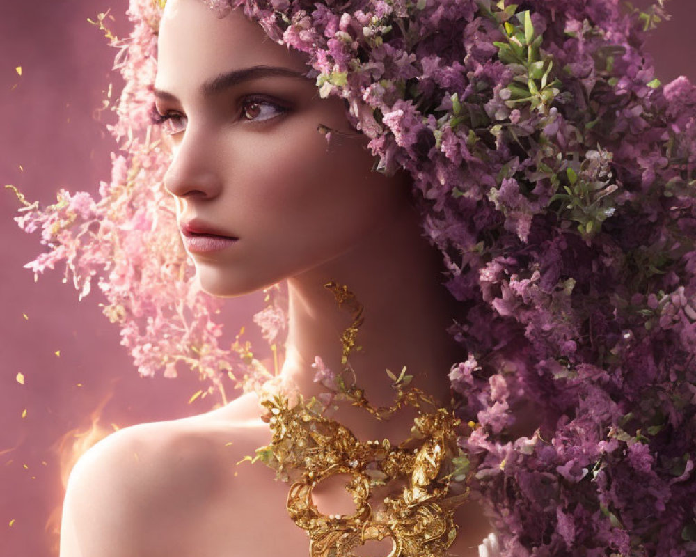 Woman with Floral Crown and Golden Jewelry Surrounded by Pink Blossoms