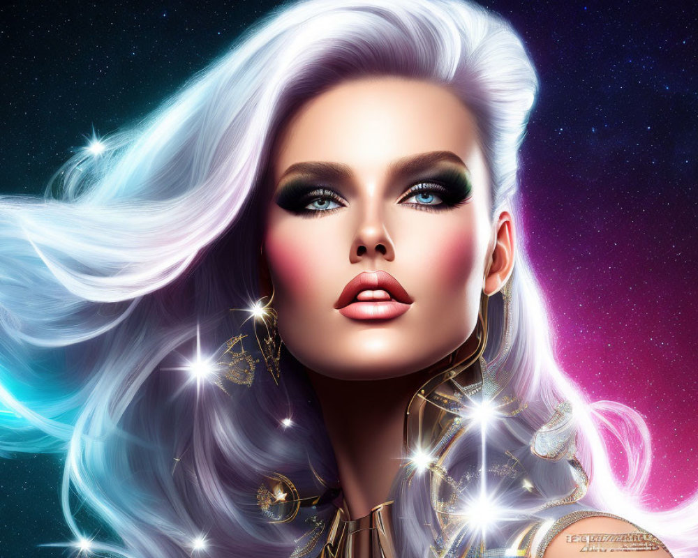 Digital art portrait of woman with light blue hair and dramatic makeup against starry background