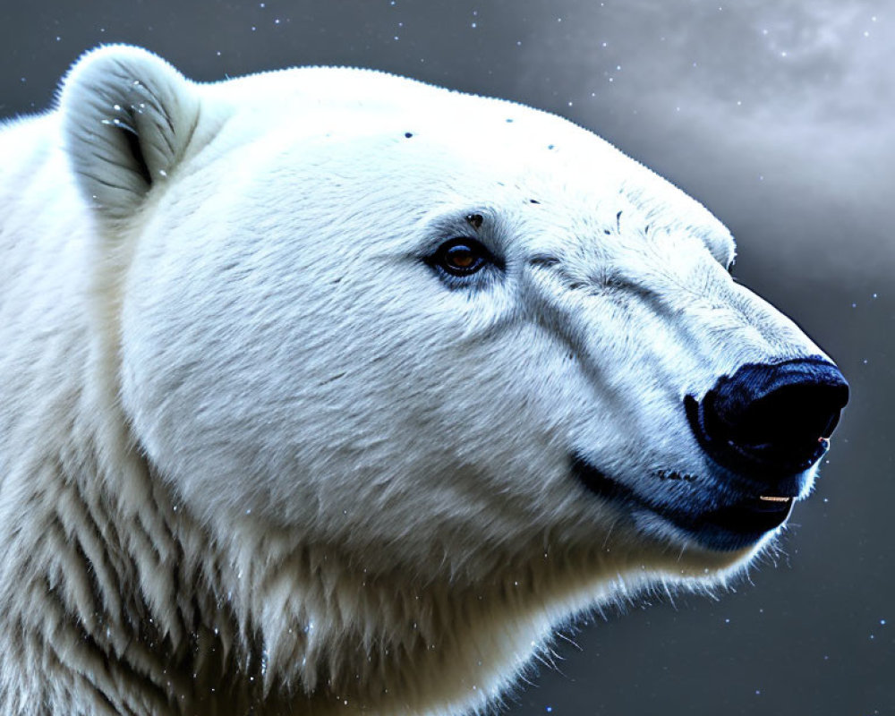 Detailed Polar Bear Fur Texture and Expressive Eyes Against Starry Night Sky