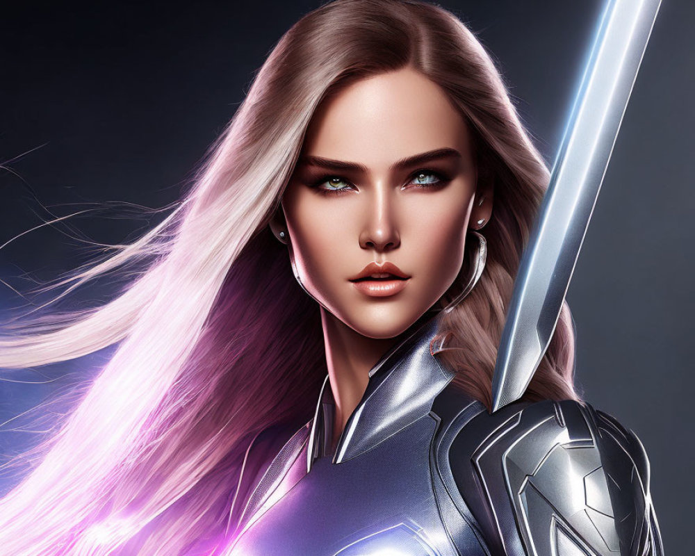 Female character in silver armor with glowing sword, green eyes, and pink hair