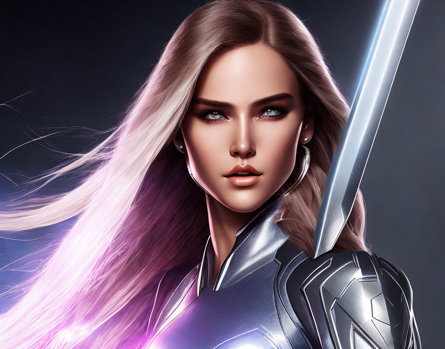 Female character in silver armor with glowing sword, green eyes, and pink hair