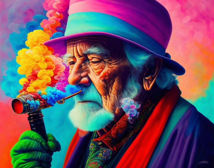 Elderly man with beard in colorful hat smoking pipe with multicolored smoke.