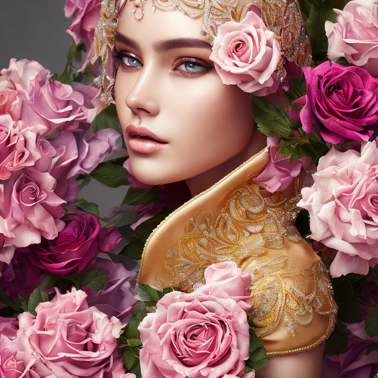 Portrait of woman with blue eyes, pink roses, gold lace shoulder piece