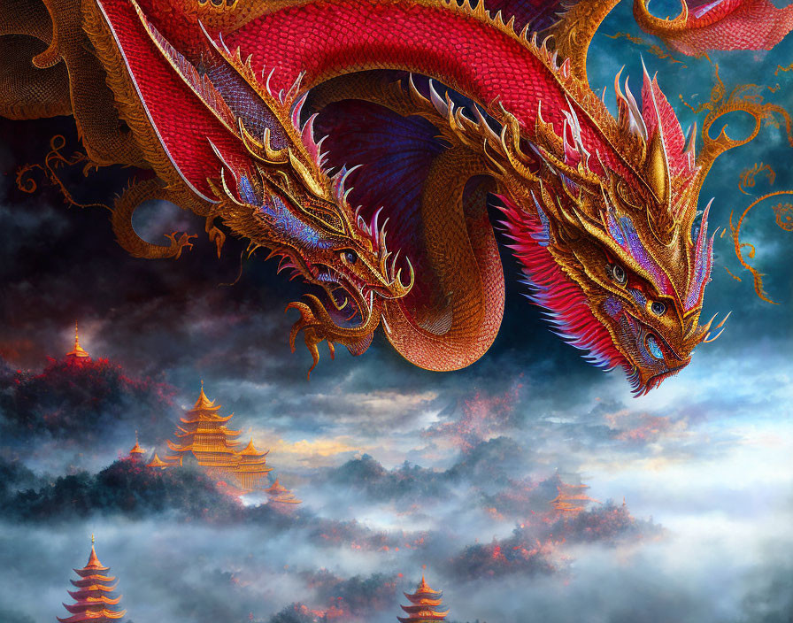 Colorful dragon flying over misty mountains with pagodas - Illustration