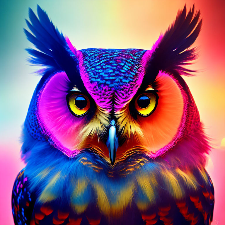 Colorful Owl Digital Art with Purple, Blue, and Orange Hues