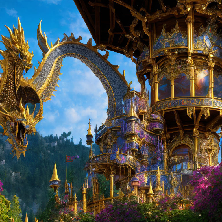 Golden Dragon Statue and Lavishly Decorated Pavilion in Lush Setting