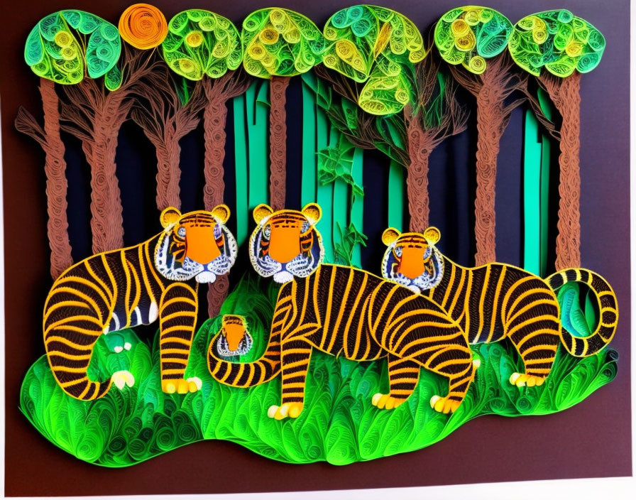 Vibrant paper art of three tigers in forest with quilling techniques