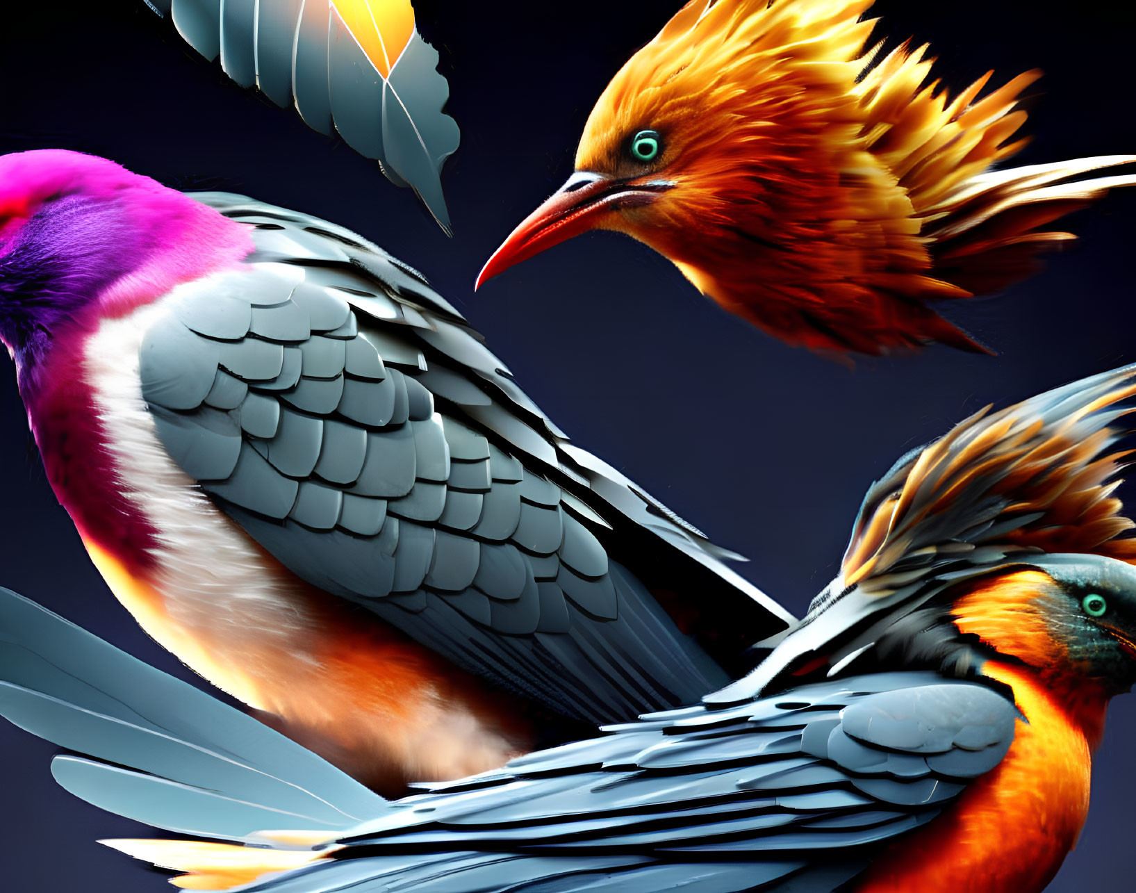 Colorful digital artwork featuring stylized birds in orange and purple on dark background