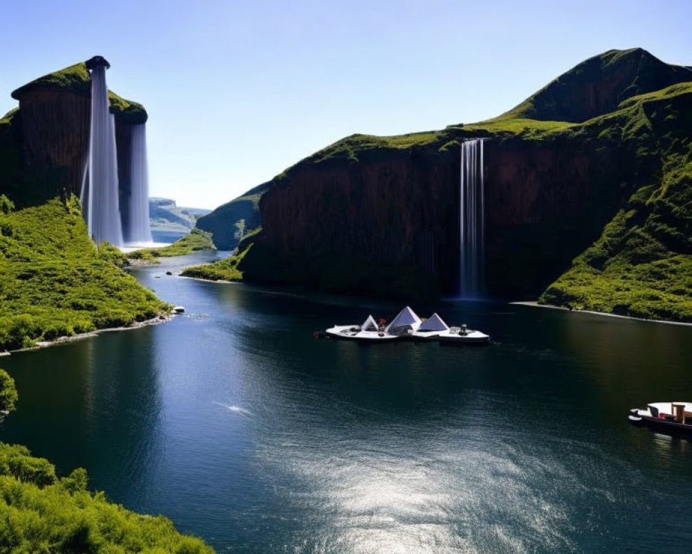 Tranquil lake with two waterfalls, green cliffs, and boats