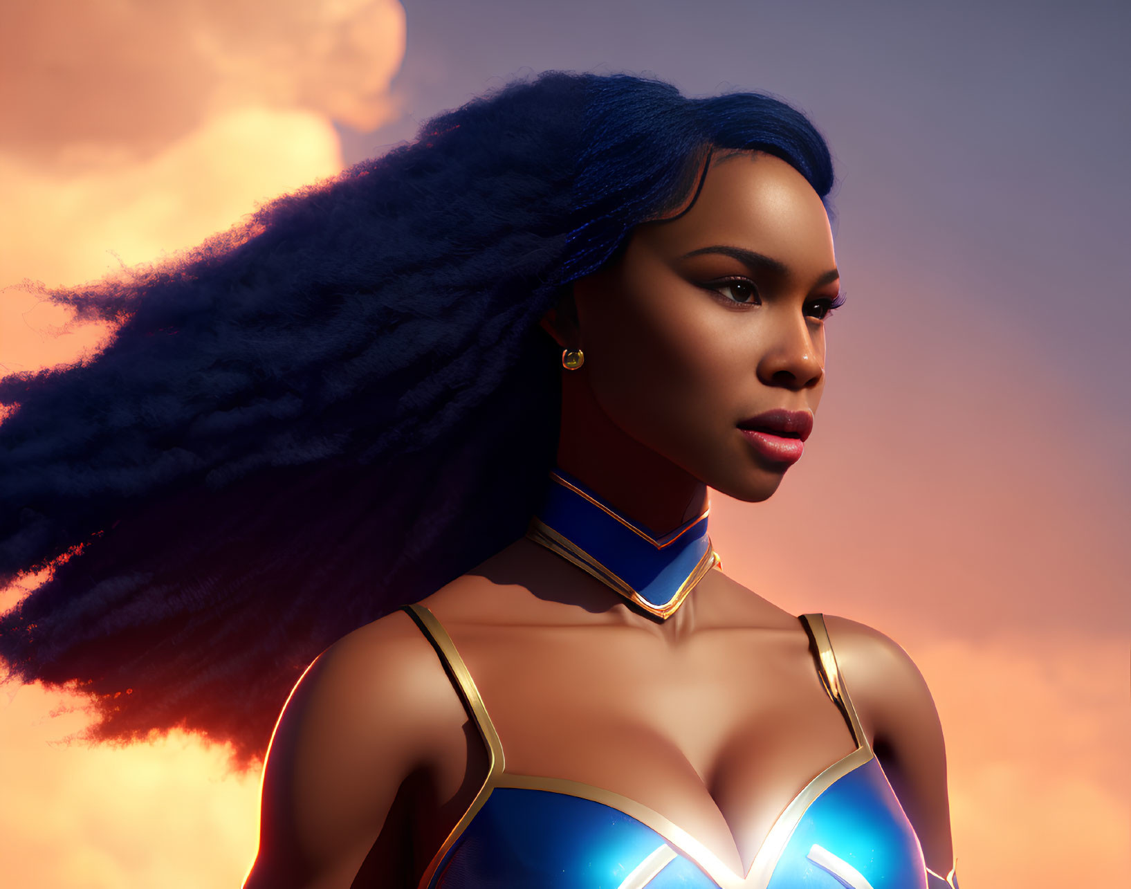 Digital illustration: Woman with blue hair in futuristic outfit against sunset sky