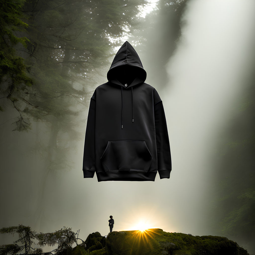 Black Hoodie Suspended in Misty Forest with Person and Sunrise