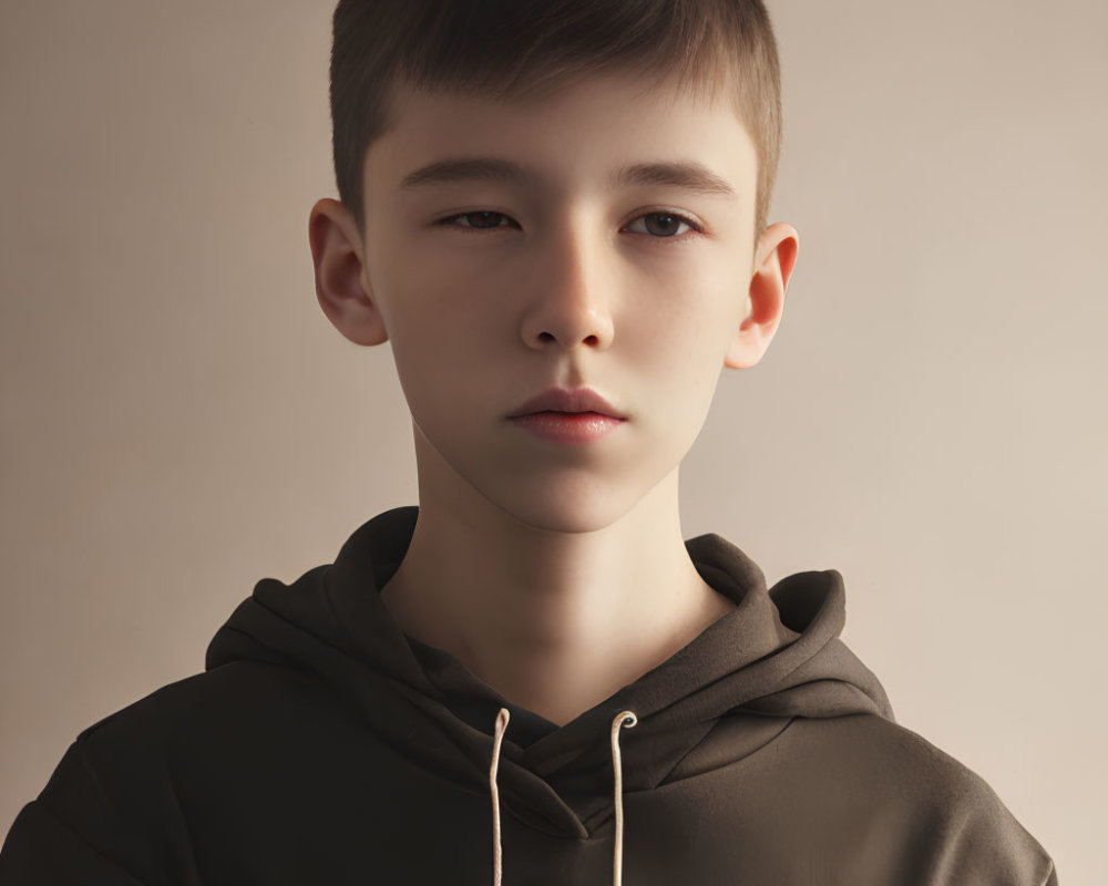 Young person in black hoodie with short hair in serene portrait