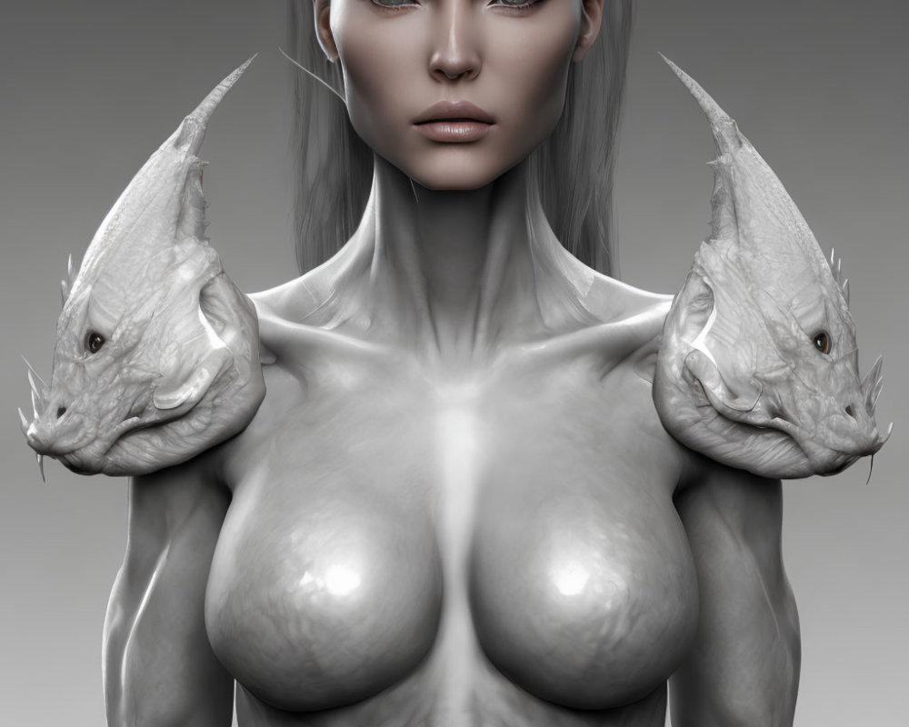 Digital artwork featuring humanoid female with pale skin and dragon-like heads