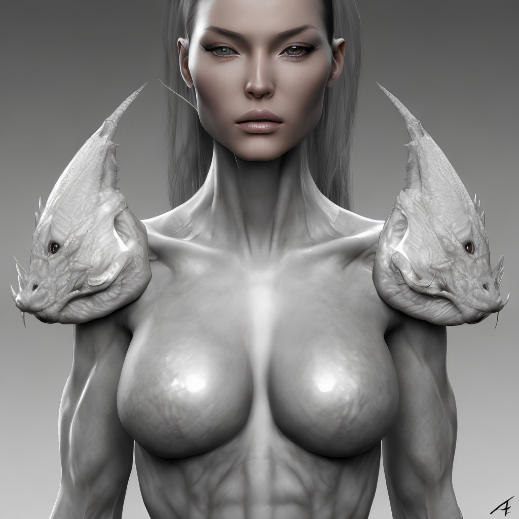 Digital artwork featuring humanoid female with pale skin and dragon-like heads