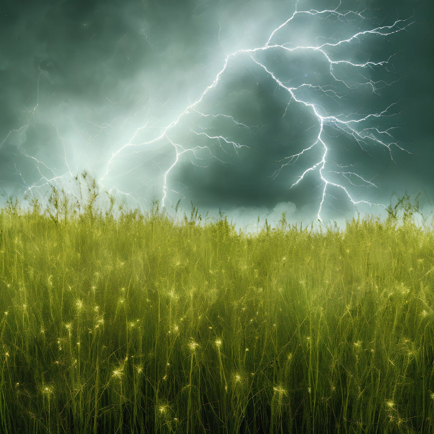 Dramatic scene: Vibrant lightning in stormy sky above lush green field